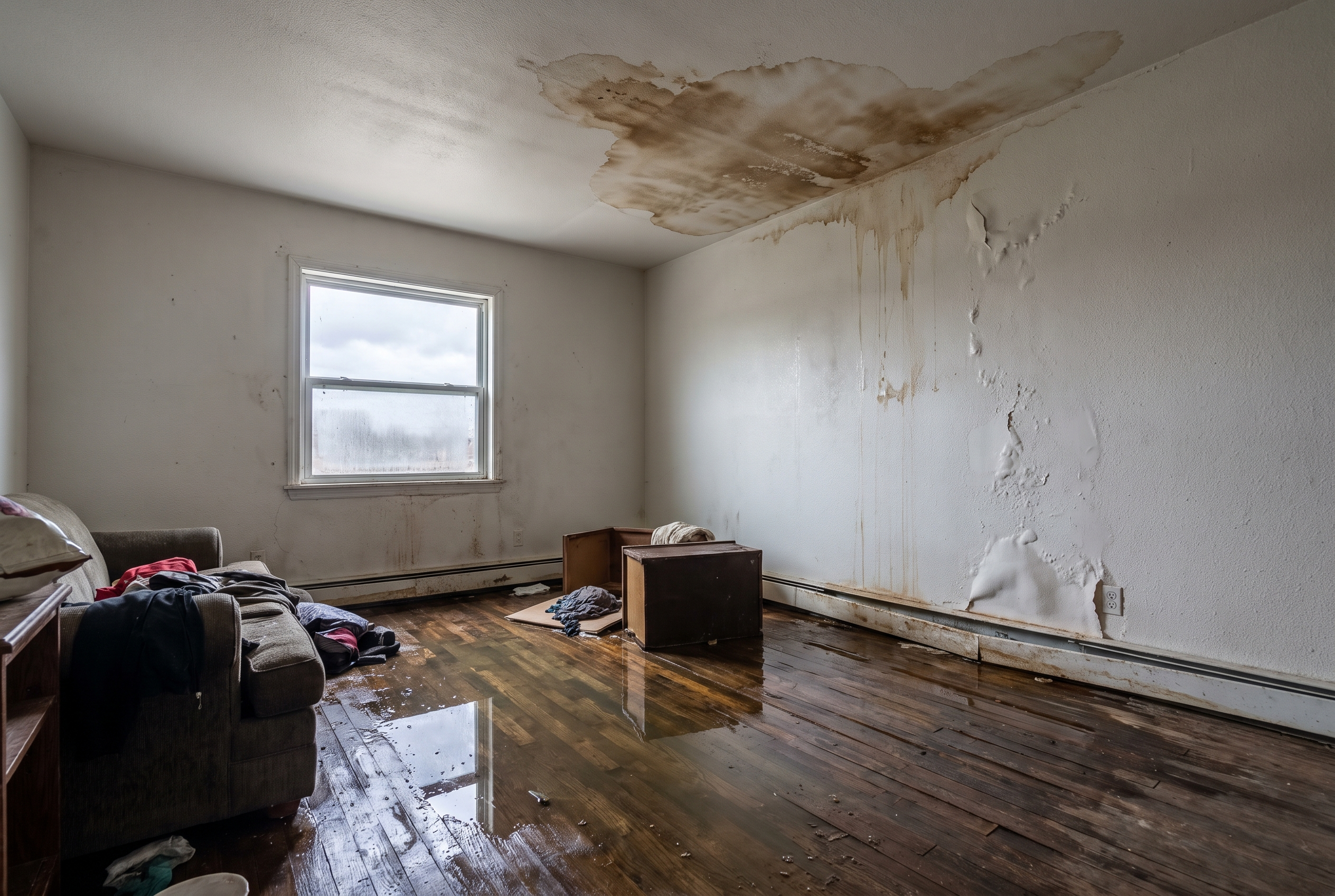 Before water damage restoration in a Jacksonville home — water-stained ceiling and flooded floor